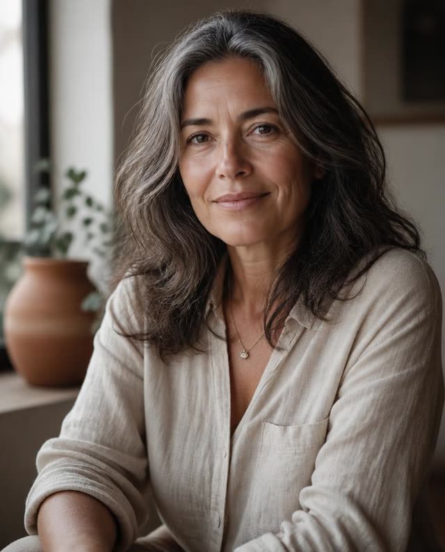 Portrait of a woman in a linen shirt seated by a window in soft daylight